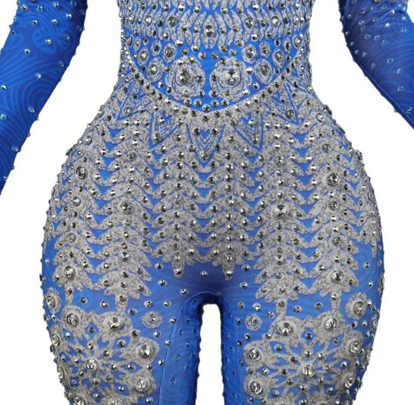 Women Blue Sexy Full Sleeve Rivet Rhinestone Jumpsuit