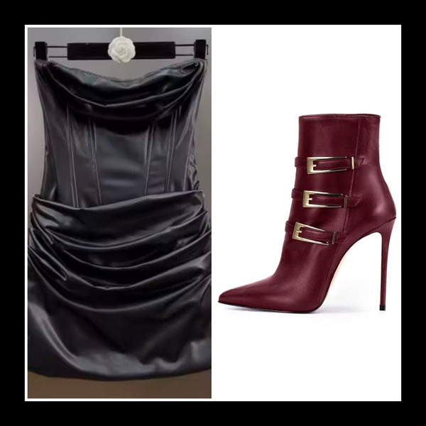 Women Fashion Pointed Toe Faux Leather Triple Buckle Ankle Boots