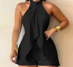 Women Halter Sleeveless Open Back Color Ruffled Romper