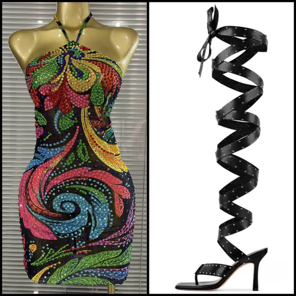 Women Sexy Multicolored Halter Sleeveless Rhinestone Dress