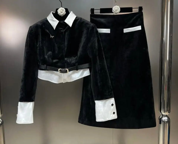 Women B&W Buckled Velour Two Piece Blazer Skirt Set