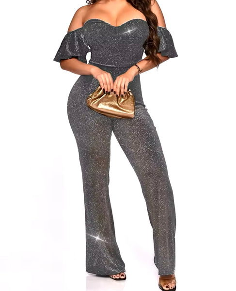 Women Sexy Sparkly Off The Shoulder Short Sleeve Two Piece Pant Set