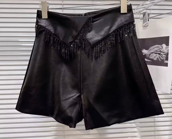 Women Color Fashion Faux Leather Tassel Shorts