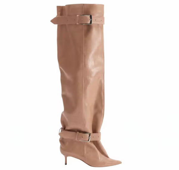 Women Pointed Toe Double Buckle Knee High Boots