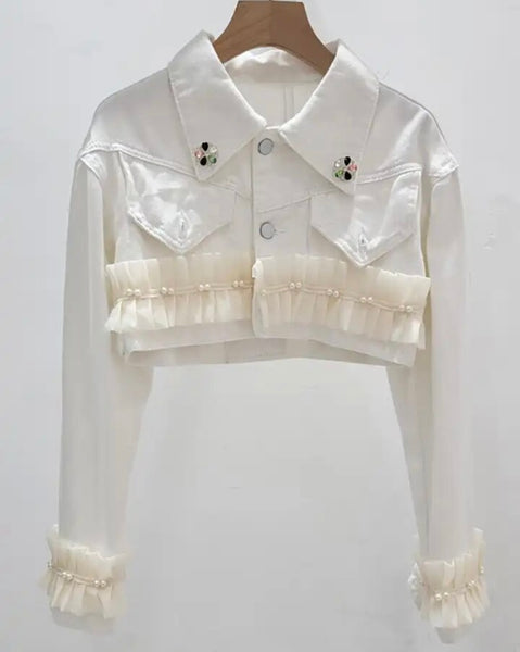 Women Fashion Ruffled Pearl Denim Crop Jacket