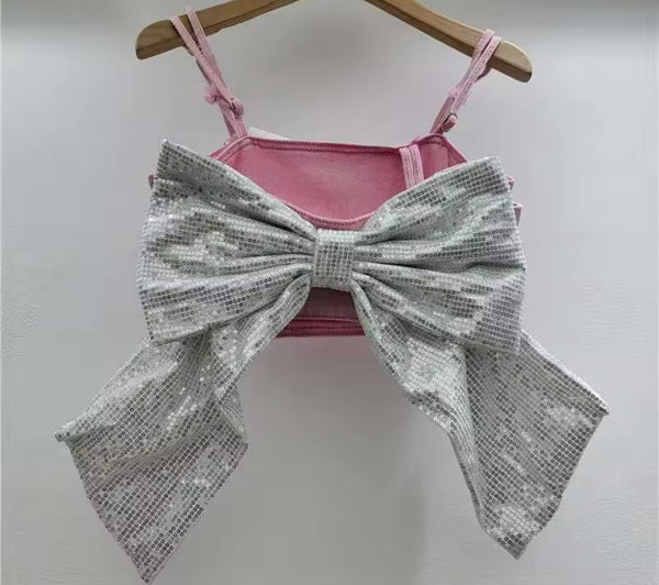 Women Sleeveless Sequins Bow Denim Crop Top