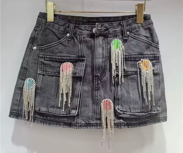 Women Color Crystal Rhinestone Tassel Denim Two Piece Skirt Set