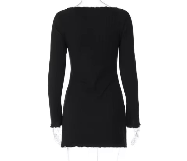 Women B&W Bow Ribbed Fashion Full Sleeve Dress