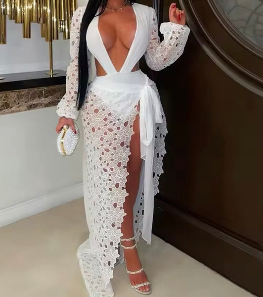 Women White Full Sleeve Bodysuit Two Piece Maxi Skirt Set