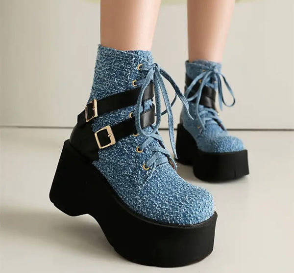 Women Fashion Color Patchwork Buckled Platform Ankle Boots