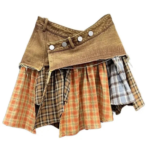 Women Fashion Plaid Pleated Denim Skirt