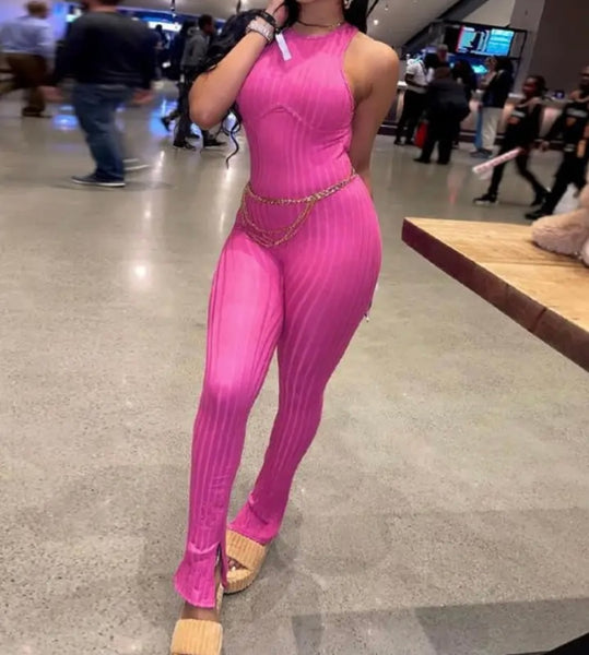 Women Pink Sexy Sleeveless Open Back Jumpsuit