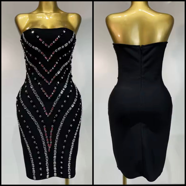 Women Black Sexy Strapless Rhinestone Dress