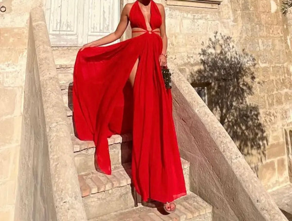 Women Red Sleeveless Sexy Split Maxi Dress