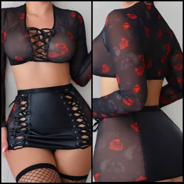 Women Sexy Black Rose Mesh Patchwork PU Lingerie Set