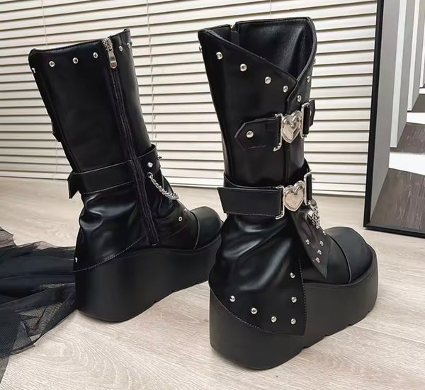 Women Heart Rivet Chain Zip Up Platform Ankle Boots