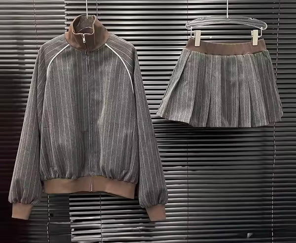 Women Striped Color Patchwork Two Piece Pleated Skirt Set