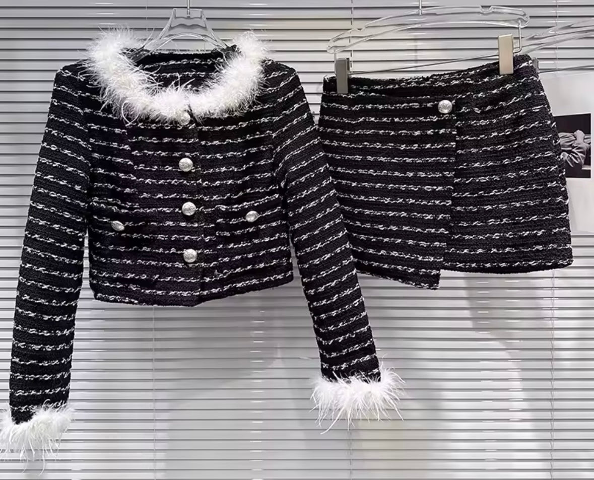 Women B&W Feather Button Up Blazer Two Piece Tweed Skirt Set