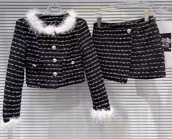 Women B&W Feather Button Up Blazer Two Piece Tweed Skirt Set