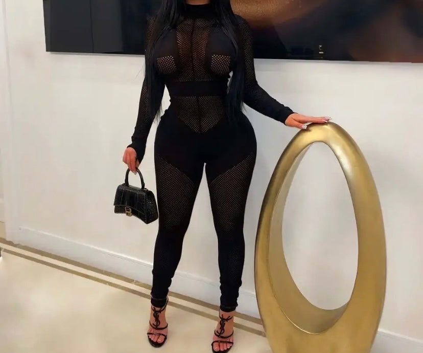 Women Sexy Full Sleeve Mesh Patchwork Jumpsuit