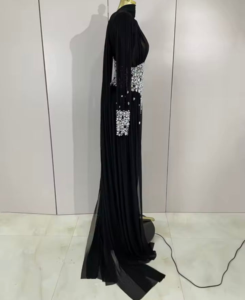 Women Sexy Rhinestone See Through Ruched Mesh Maxi Dress