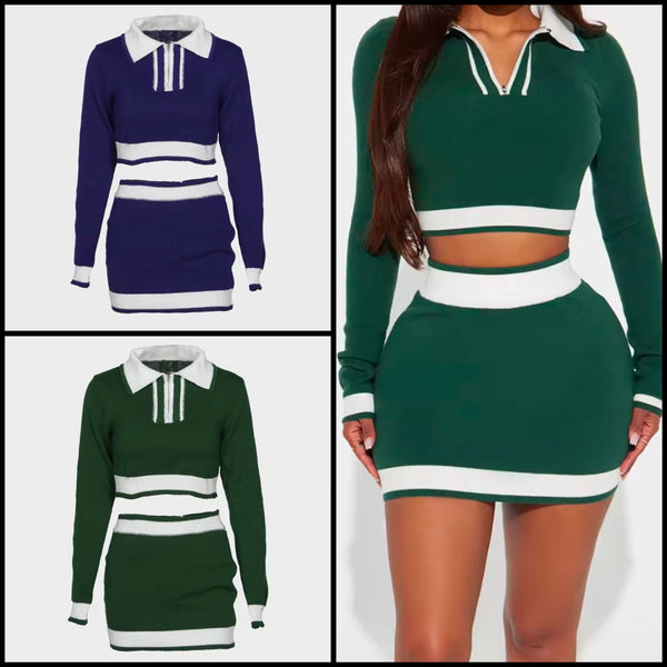 Women Sexy Color Patchwork Collar Full Sleeve Two Piece Skirt Set