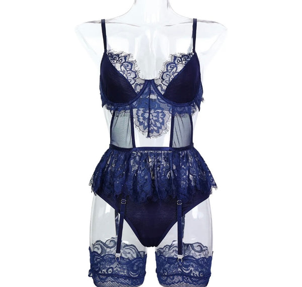 Women Sexy Sleeveless Lace Mesh Bodysuit Lingerie Set