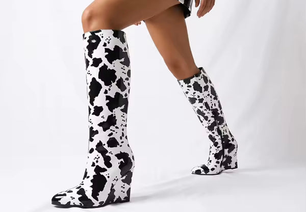 Women Fashion B&W Animal Print Wedge Knee High Boots