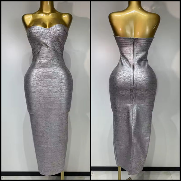 Women Silver Sexy Strapless Bandage Maxi Dress