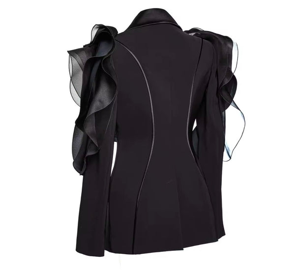 Women Black Ruffled Full Sleeve Fashion Blazer Top