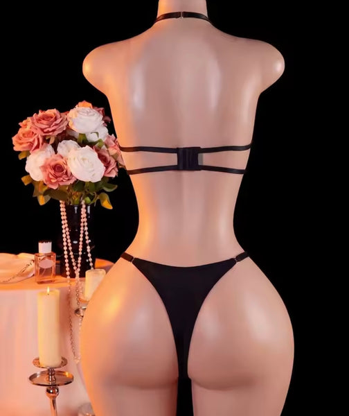 Women Sexy Black Halter Cut Out Lingerie Set