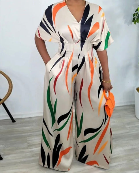 Women Sexy Printed Short Sleeve Wide Leg Jumpsuit