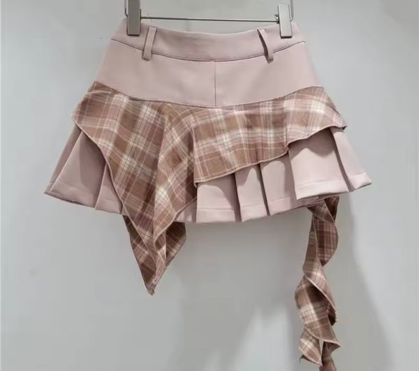 Women Color Patchwork Plaid Pleated Fashion Skirt