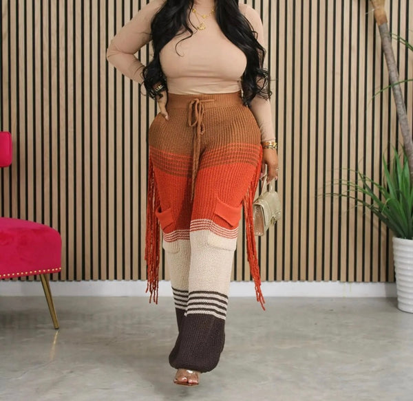 Women Knitted Color Patchwork Fringe Pants