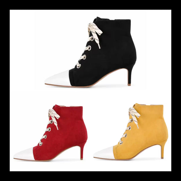 Women Fashion Pointed Toe Color Patchwork Tie Up Ankle Boots