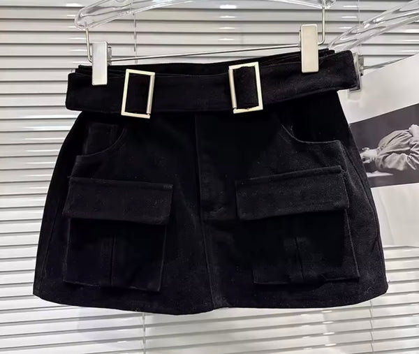 Women Sexy Fashion Suede Buckle Pocket Skirt