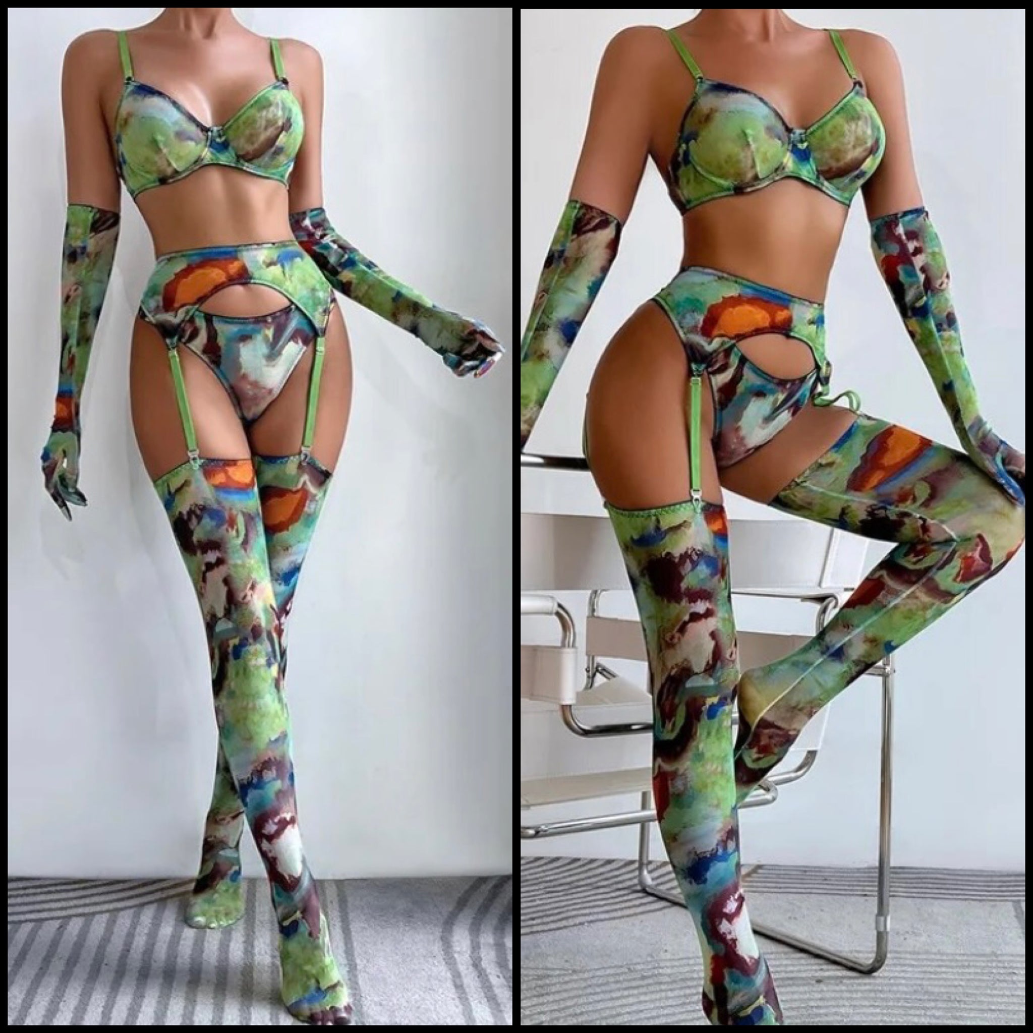 Women Sexy Multicolored Print Mesh Glove Stockings Lingerie Set