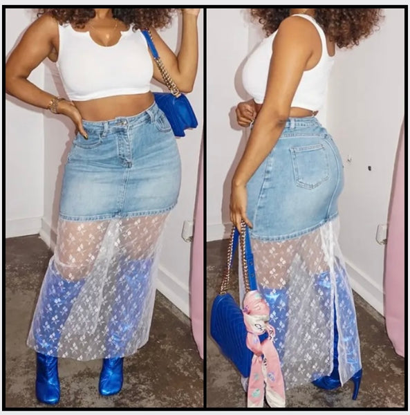 Women Sexy Denim Lace Patchwork Maxi Skirt