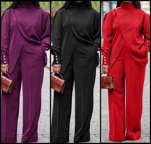 Women Solid Color Turtleneck Full Sleeve Two Piece Pant Set