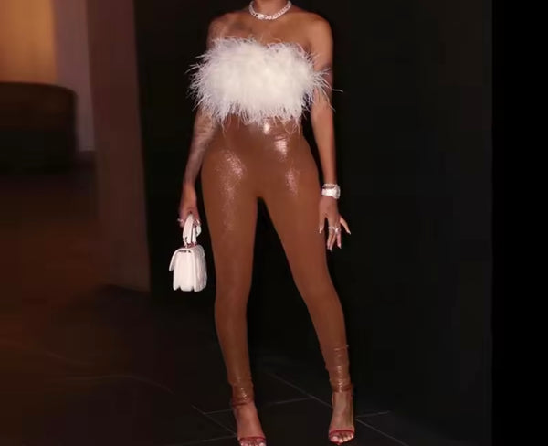 Women Sexy Fur Strapless PU Jumpsuit