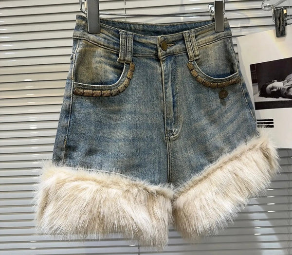 Women Denim Faux Fur Patchwork Fashion Shorts