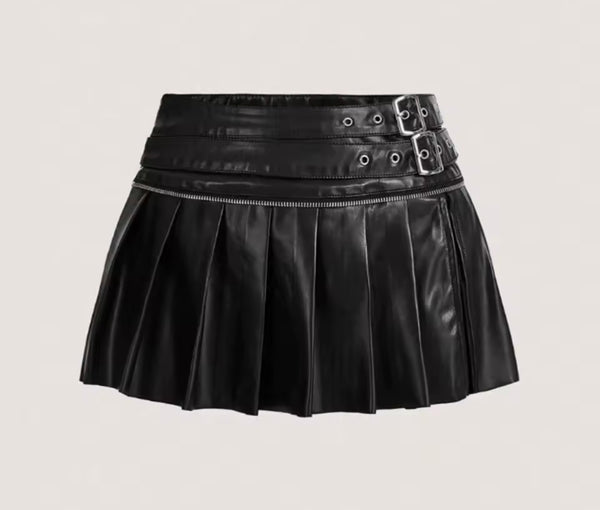 Women Sexy Fashion Buckled Pleated Faux Leather Skirt