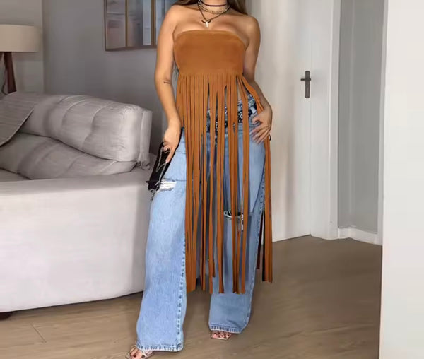 Women Fashion Strapless Suede Fringe Tassel Top