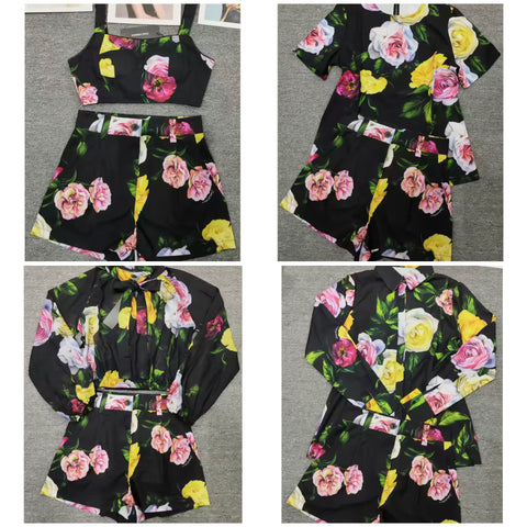 Women Black Floral Print Fashion Two Piece Short Set