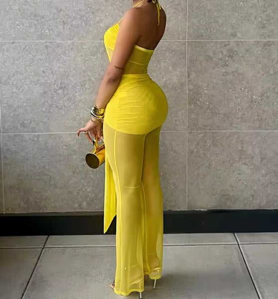 Women Sexy Halter Sleeveless Cut Out Mesh Jumpsuit