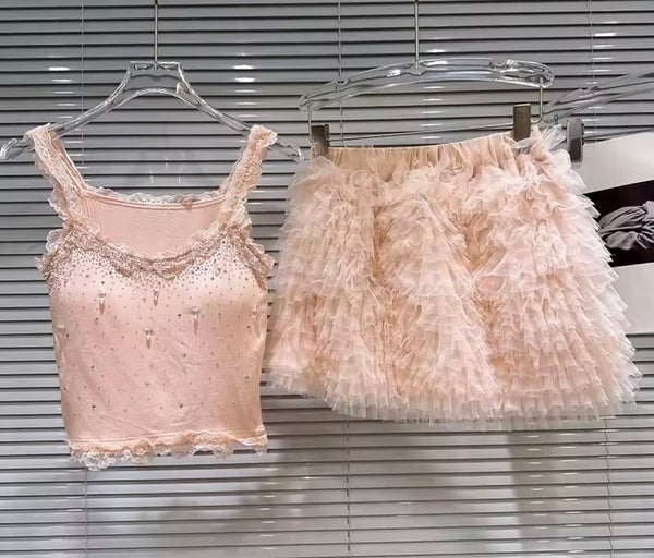 Women Beaded Tank Top Two Piece Ruffled Skirt Set
