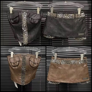 Women Sexy Strapless Leopard Patchwork Faux Leather Two Piece Skirt Set