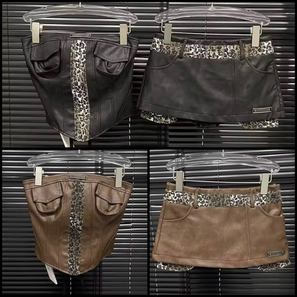 Women Sexy Strapless Leopard Patchwork Faux Leather Two Piece Skirt Set