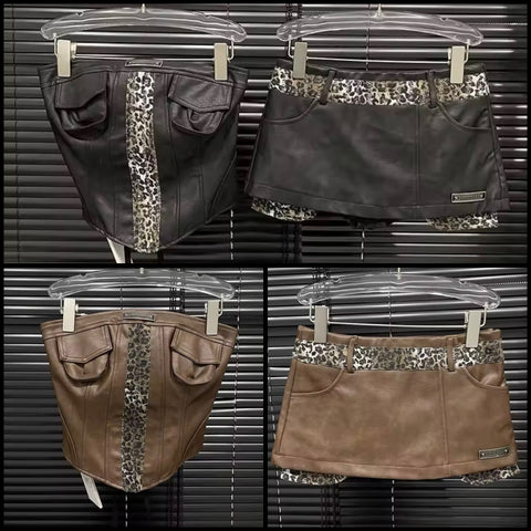 Women Sexy Strapless Leopard Patchwork Faux Leather Two Piece Skirt Set