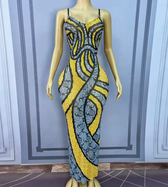 Women Sexy Color Patchwork Sleeveless Rhinestone Maxi Dress